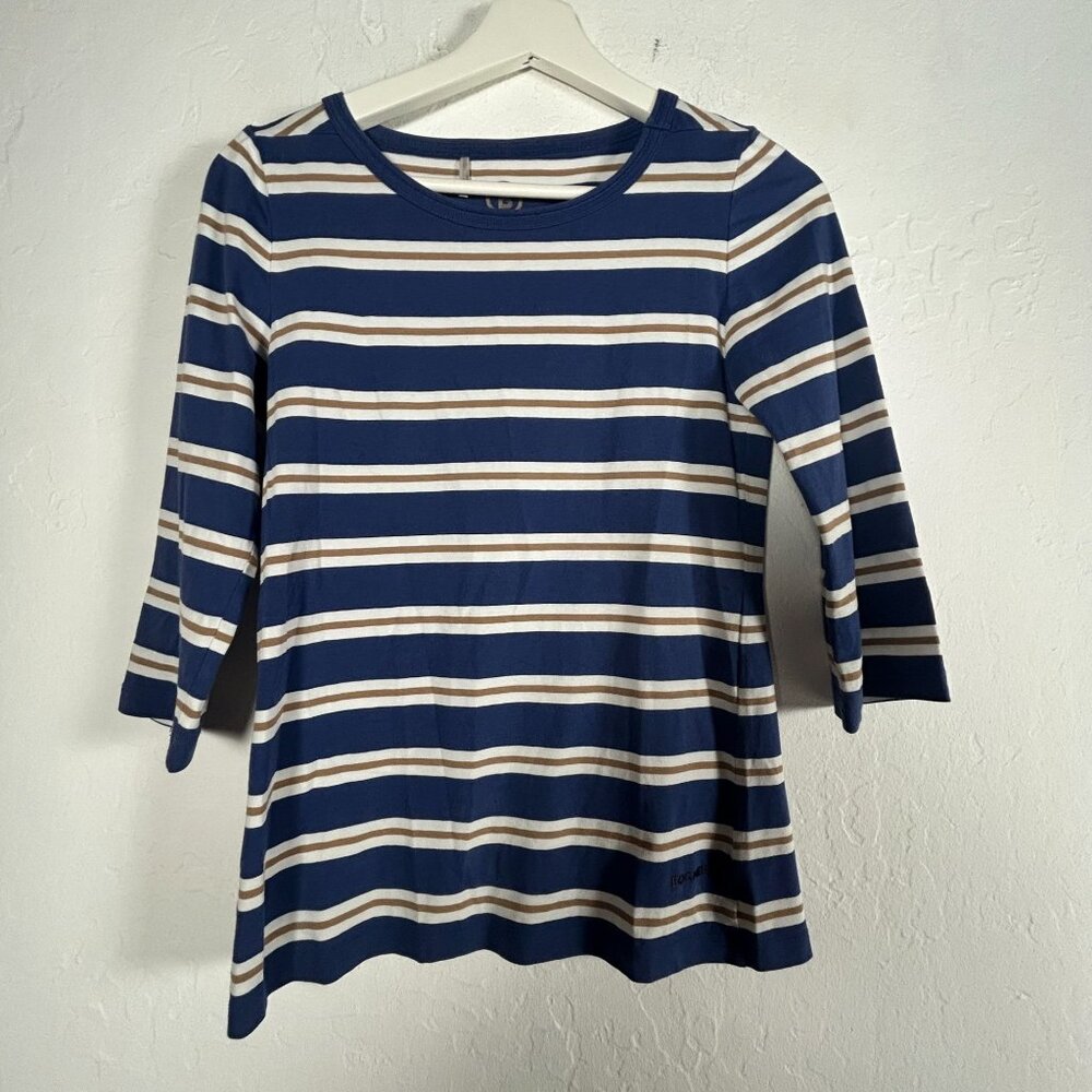Bogner Womens Striped 3/4 Sleeve Top XS Cotton/Elastane Blend Blue & Beige